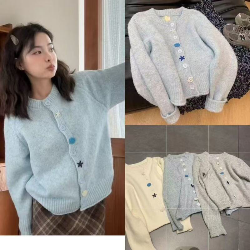 甜美奶蓝色软糯毛衣开衫女宽松韩版春季慵懒温柔减龄针织外套上衣|undefined