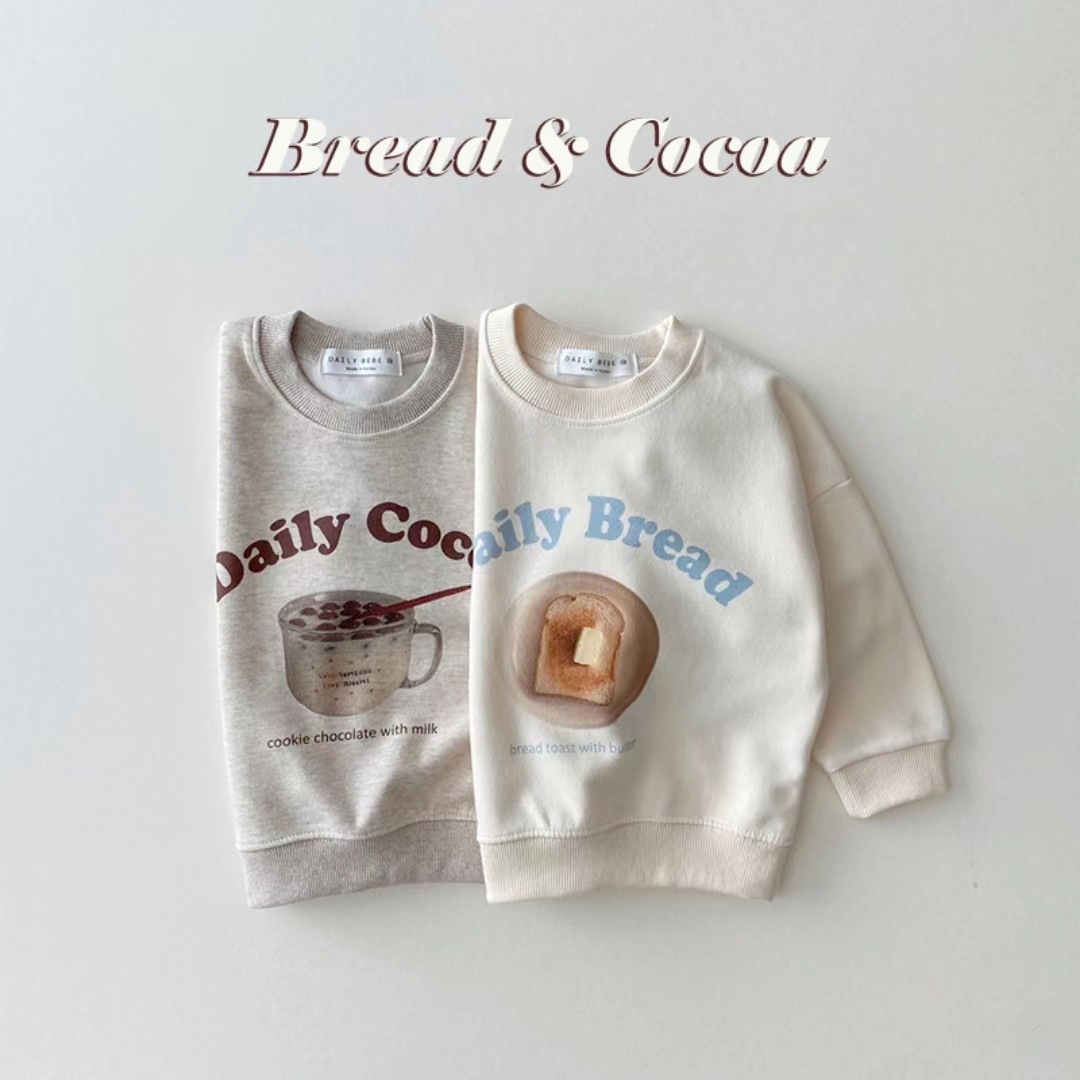 Korean style autumn new style boys' and girls' bread milk tea cartoon long-sleeved sweatshirt, versatile cartoon long-sleeved base shirt trendy