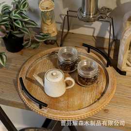 圆形木质托盘带手柄圆形带木珠花环装饰托盘木质托厨房柜台用木制