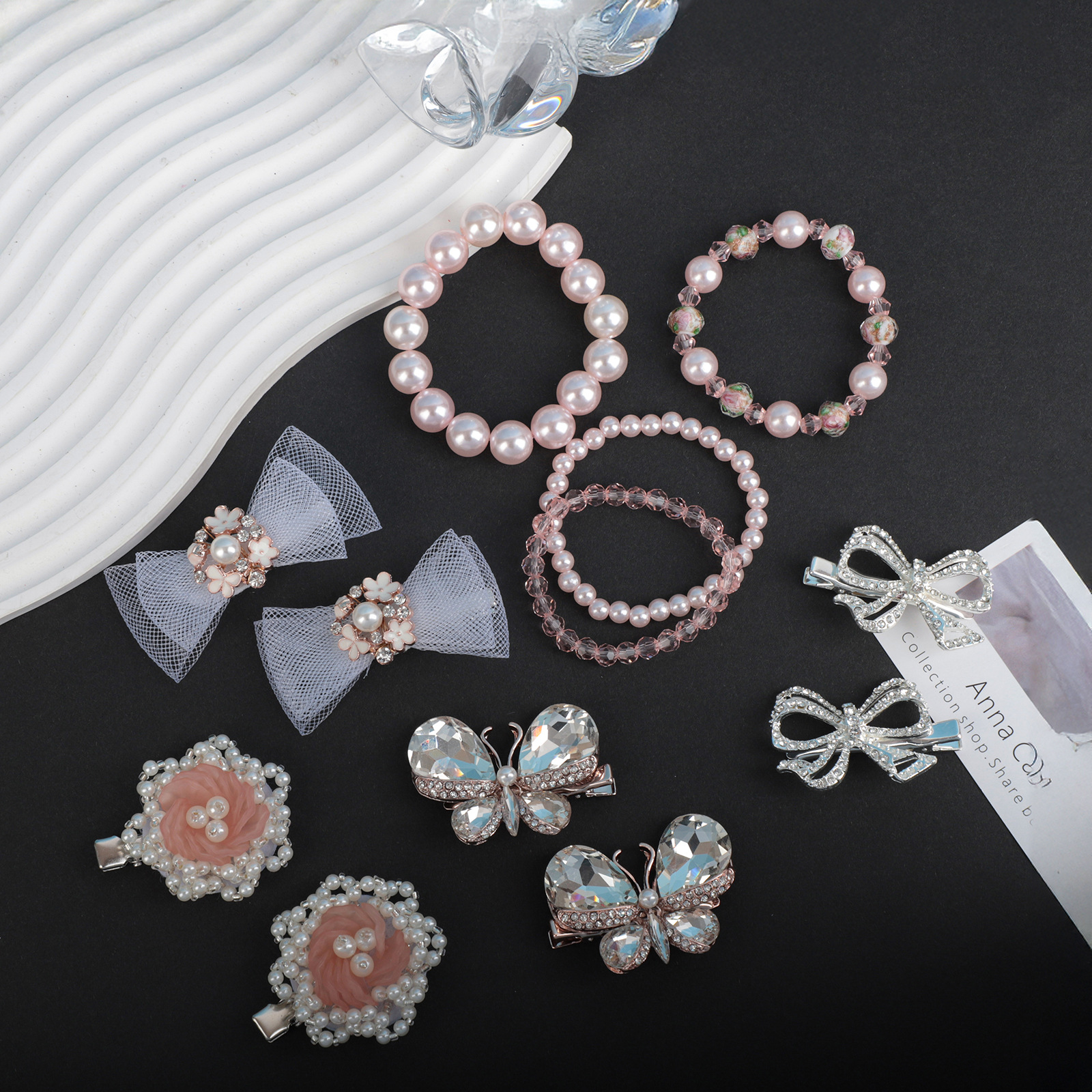 Elegant Sparkling Diamond Hair Accessory Bracelet Headband White Mesh Student Bow Small Duck Clip Pearl Rhinestone Wedding Headpiece