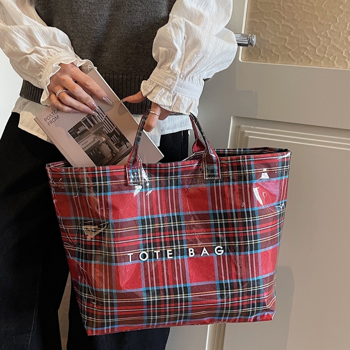 Vintage large plaid jelly handbag, fashionable large-capacity commuter jelly bag, versatile tote bag, trendy A17