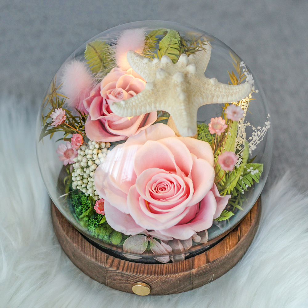 Amazon con flor eterna ligera cubierta de vidrio esférico terminado rosa flor eterna Xinghai Día de la madre Regalo de San Valentín