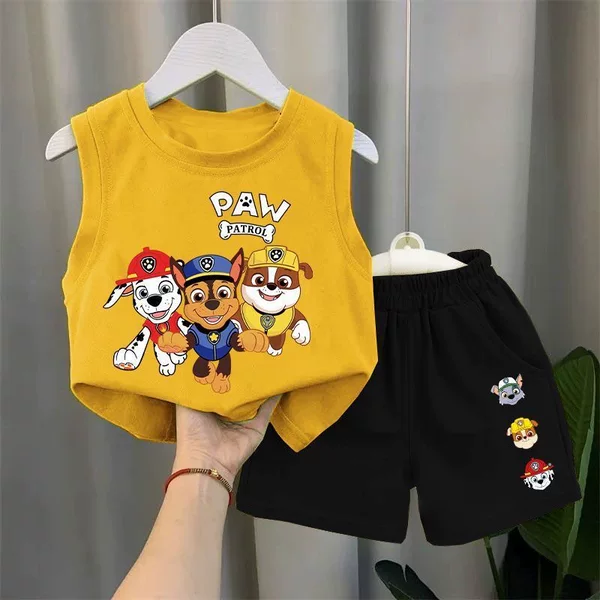Wang Wang Team Summer Cotton Sleeveless T-shirt Children's Casual Vest Shorts suit Children's Western Style Two-piece Fashionable Set