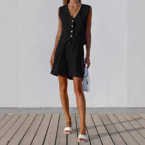 European and American design-sensory cotton and linen suit vest set women's summer casual sleeveless vest shorts two-piece set