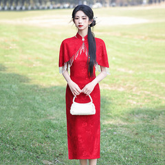 紅色掛脖新中式改良旗袍2025新款年輕款女復古新娘訂婚敬酒服夏季