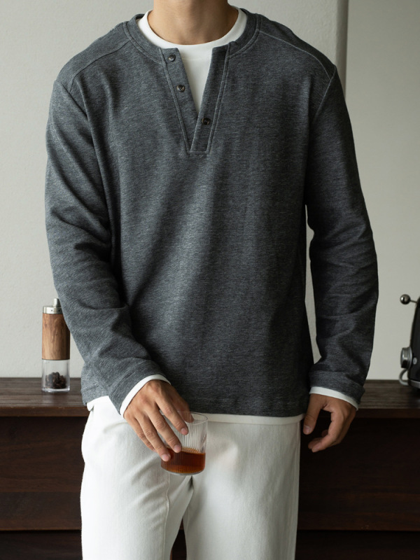 老钱风撞色V领手缝扣假两件针织衫男士2025年秋季亲肤休闲长袖T恤|undefined