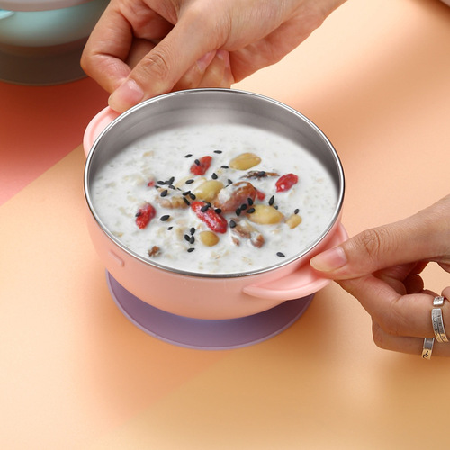 Children's suction cup bowl 304 stainless steel liner infant food bowl can be paired with straw popular feeding bowl