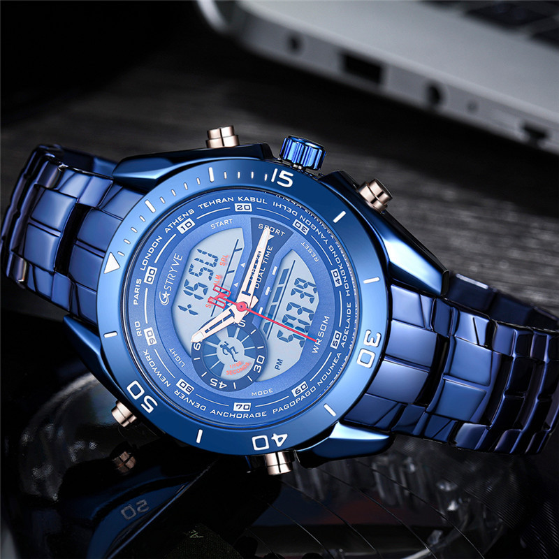 Reloj de acero inoxidable de moda para hombre STRYVE con reloj electrónico de doble pantalla reloj de cuarzo para hombre 8019