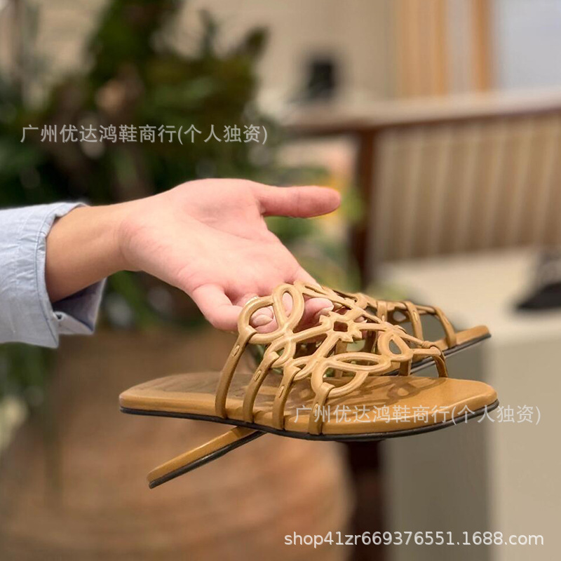 Luojia の新しい本革中空フラットサンダル、女性用ビーチローマンシューズ、スリッパ、ファッショナブルなカジュアルサンダル|undefined