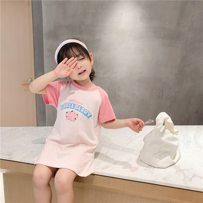 女童中長款連衣裙2021夏季新款女寶寶T恤裙兒童短袖上衣小童單t