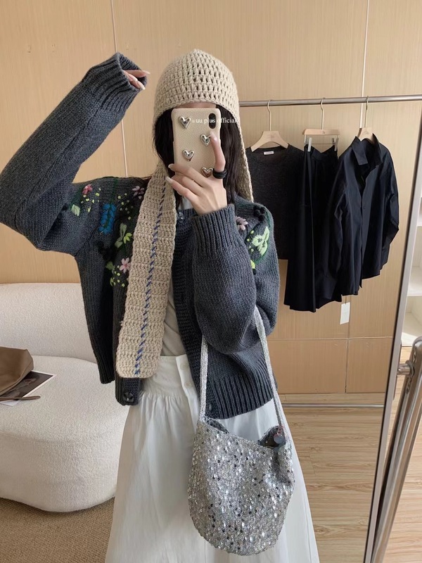 重工刺绣花朵针织开衫女2025秋冬新款韩系宽松温柔风复古毛衣外套|undefined