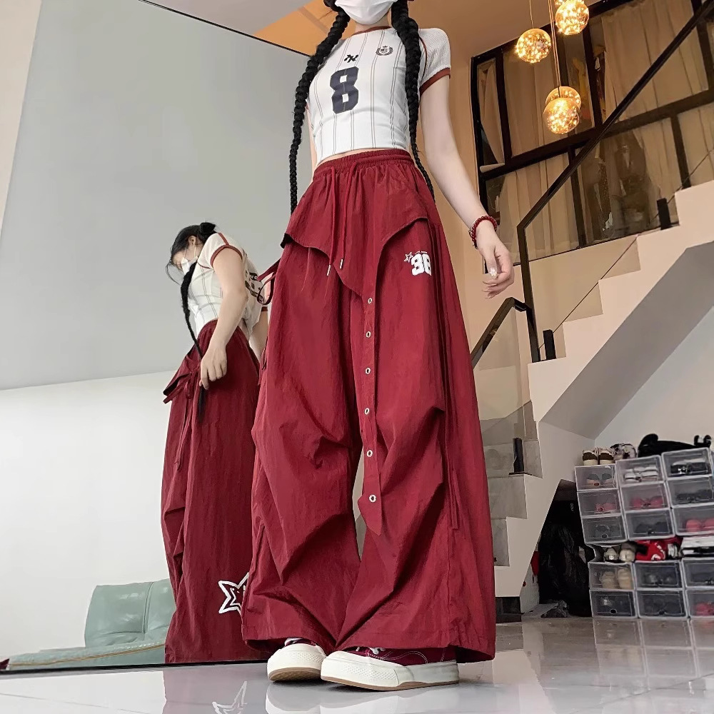 American Trendy Street Dance Quick-Dry Cargo Pants for Women, Summer Hip-Hop Jazz Dance Wide-Leg Sports Pants with a Sense of Design, Casual Pants