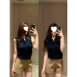 韩系简约风休闲翻领领无袖针织衫女夏季新款修身显瘦背心上衣潮
