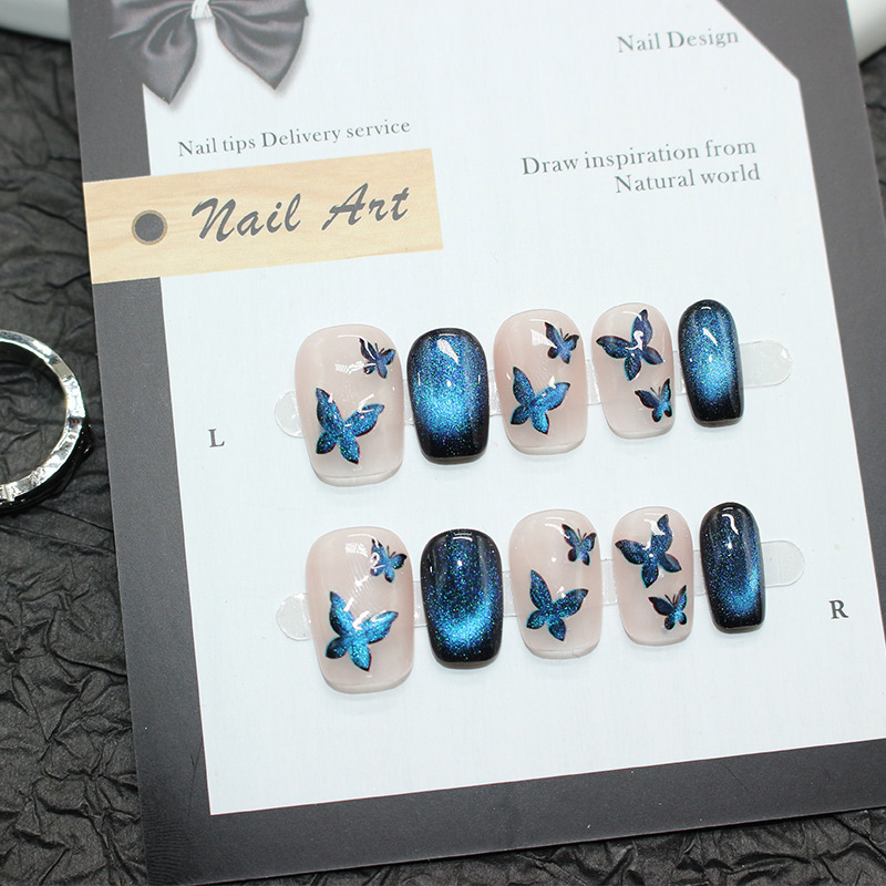 [Blue Butterfly] Purely Handmade Cold Blue Sparkling Cat-Eye Wearable Nails, High-End Short Summer Nail Stickers