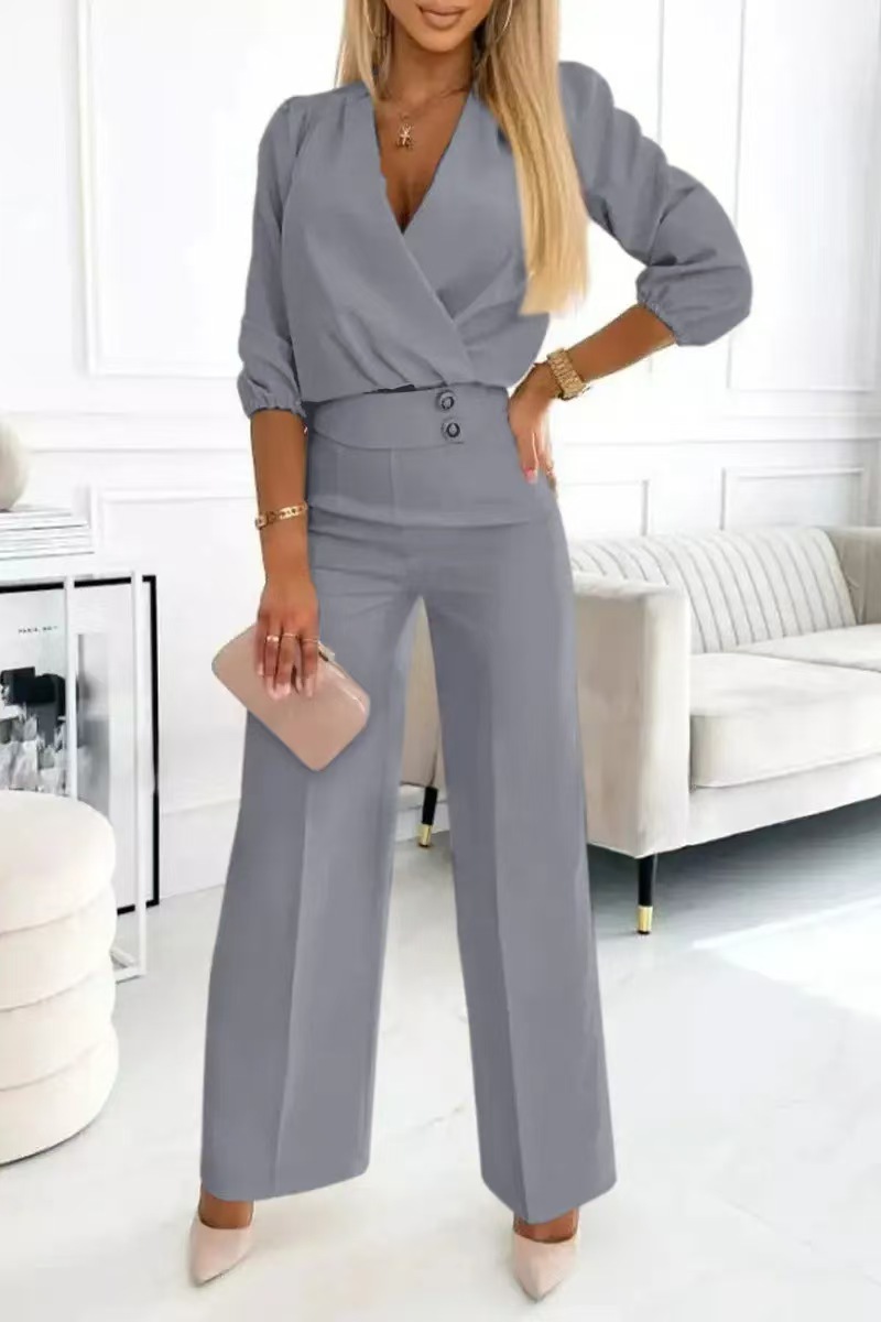 Women's Solid Color V-Neck Two-Button Casual 2-Piece Pant Set Regular Thickness For Spring/Autumn And Summer_ecoleips.com
