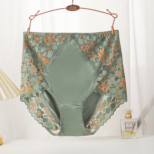 Kuaishou live broadcast hot sale women's satin lace high-waisted underwear buttocks and belly-controlling briefs large size