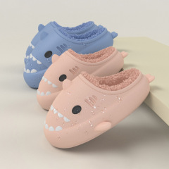 跨境成人鯊魚棉拖鞋男秋冬新款女士居家保暖棉拖鞋 EVA踩屎感拖鞋