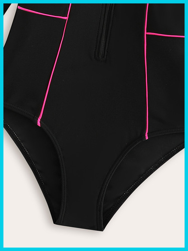 Long-sleeved conservative children's swimsuit, pure color, medium and large girl's zipper one-piece swimsuit, cross-border foreign trade swimsuit