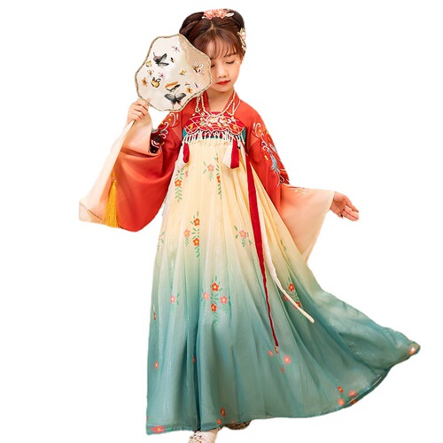  Girls hanfu Fairy Dresses embroidered red blue princess kimono dress children traditional folk dance phtos shooting cosplay clothing wholesale