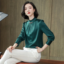 重磅真丝上衣女长袖2025春季新款时尚优雅气质高领钉珠桑蚕丝衬衫