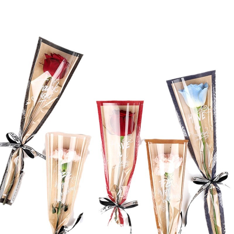 Festival Qixi Floristería Ramo de flores Paquete transparente Material de flores Papel kraft impermeable Embalaje de rosas Bolsa individual