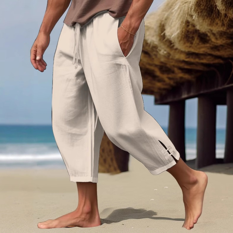 New 2025 Cross-Border Amazon Men's Casual Summer Waist Drawstring Pocket Cotton and Linen Cropped Beach Pants