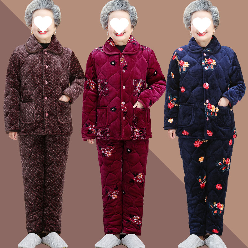 中老年人秋冬装加绒夹棉睡衣套装奶奶加厚居家棉服妈妈棉衣外套女