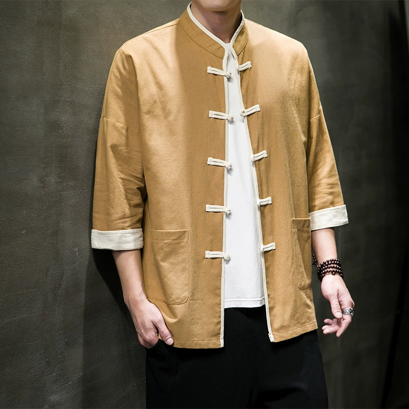 2023 летняя новая мужская хлопковая и льняная рубашка в китайском стиле с короткими рукавами, Мужская китайская рубашка с семью точечными рукавами