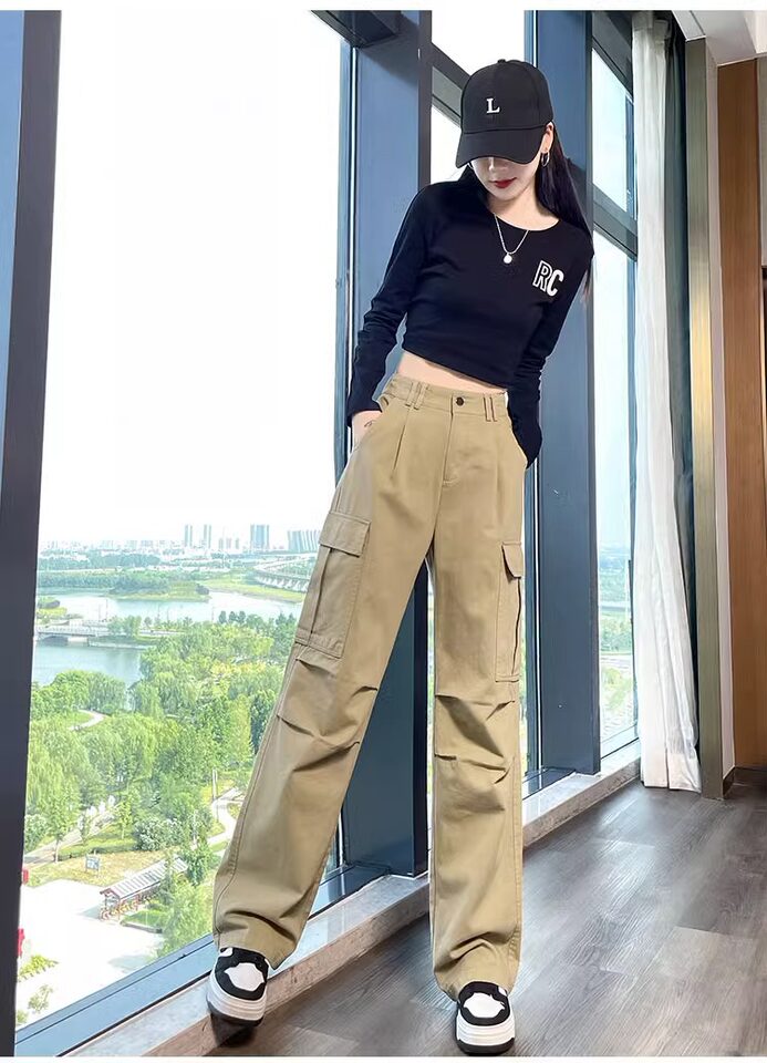 Quần cargo ống thẳng nữ dáng suông lưng cao phong cách thoải mái — Kaki (người đàn ông nhỏ), Kaki (thông thường), Màu đen (thân hình nhỏ), Màu đen (thông thường) chi tiết 22
