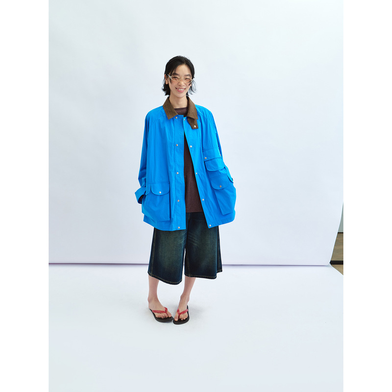 【识时黑标】New Lightweight Cotton Barn-Style Sun-Protection Lapel Jacket with Color-Blocking for Women V60285