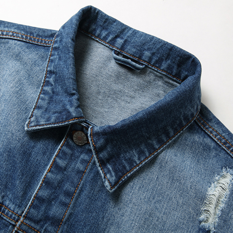 Frühlingsstil Seitennahttasche Denim Baumwolle Jugend gewöhnliche lässige blaue einreihige perforierte Jacke Männer_voghion.com