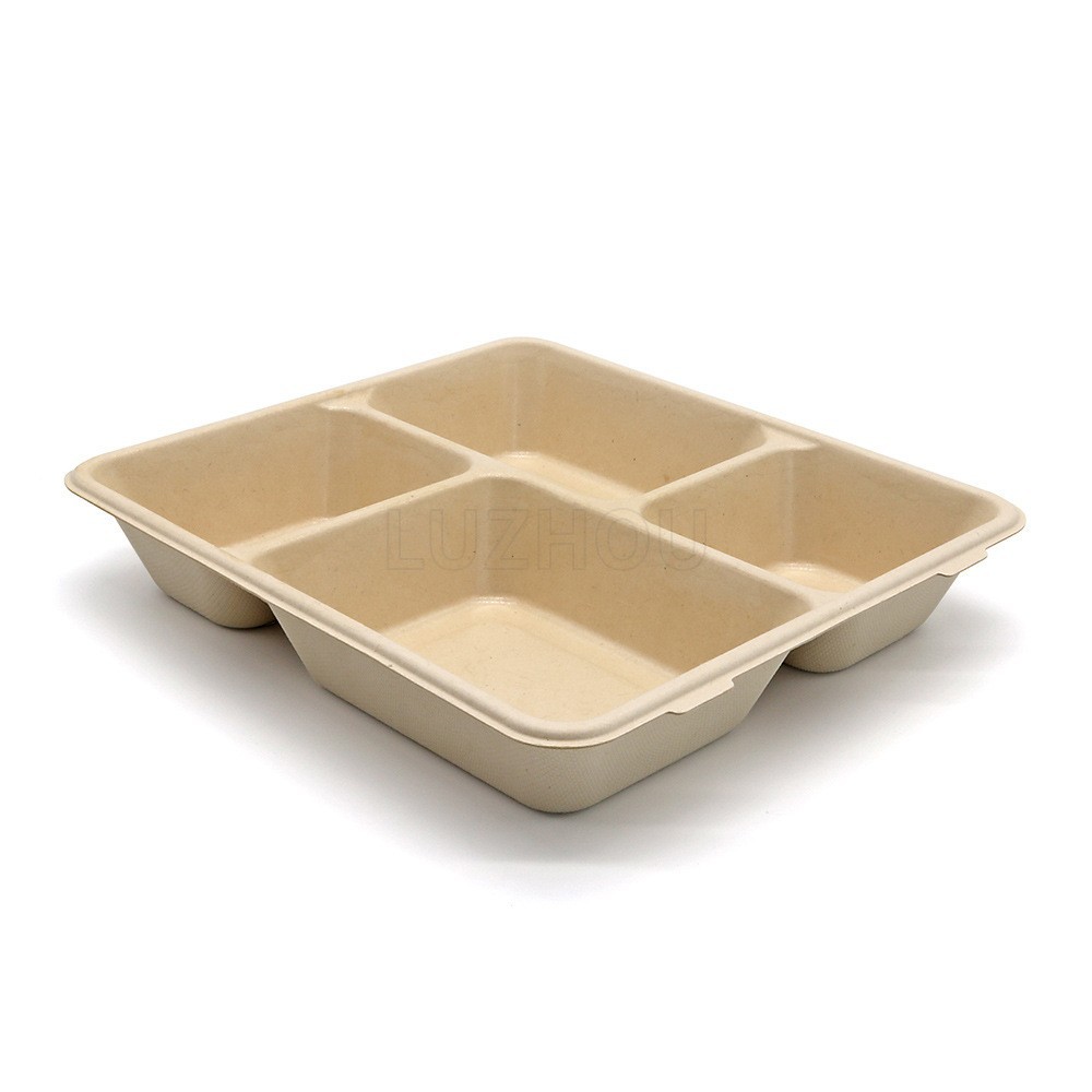 Vajilla desechable ecológica de pulpa de caña de azúcar y pulpa de bambú, plato de cuatro compartimentos, biodegradable, compostable, apto para alimentos.