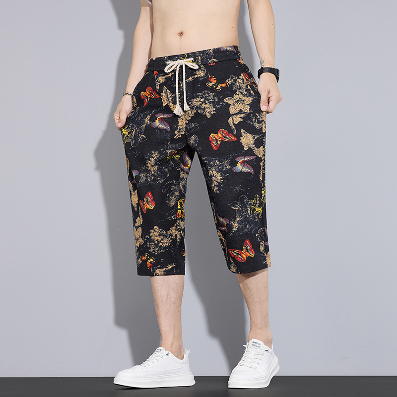 Trendy and Comfortable Summer Versatile Unisex Shorts for Men, Large Size Beach Shorts, Printed Retro National Style 7/8 Pants