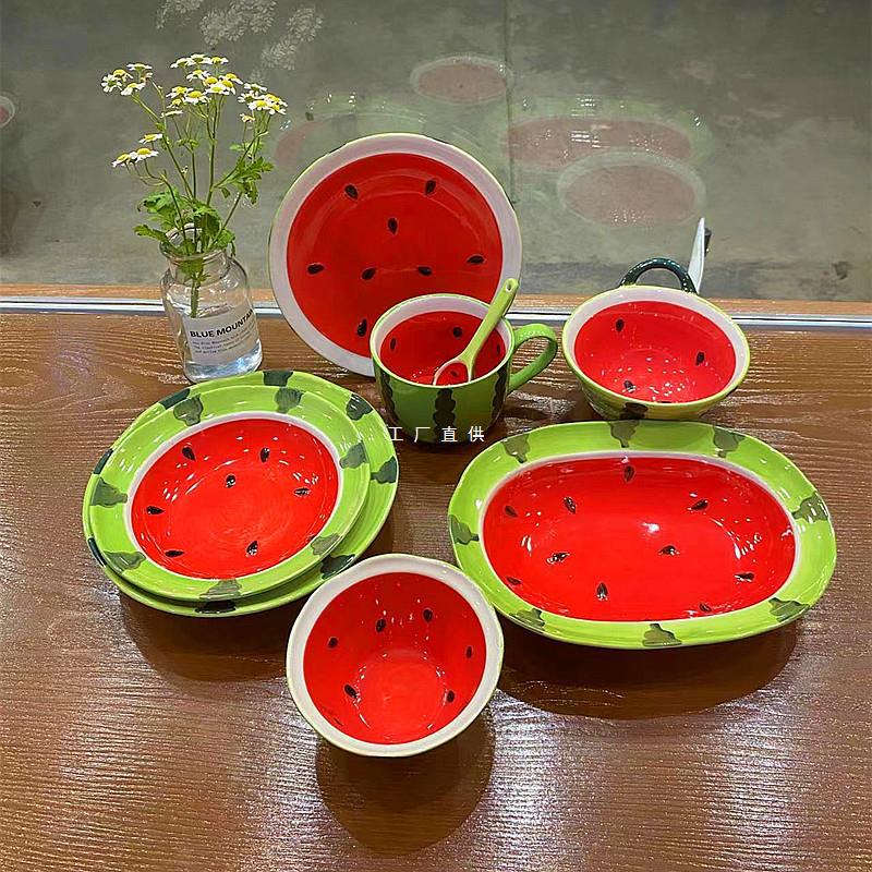 陶瓷水果沙拉碗燕麦早餐杯面碗创意儿童西瓜盘碗家用烤碗餐具套装
