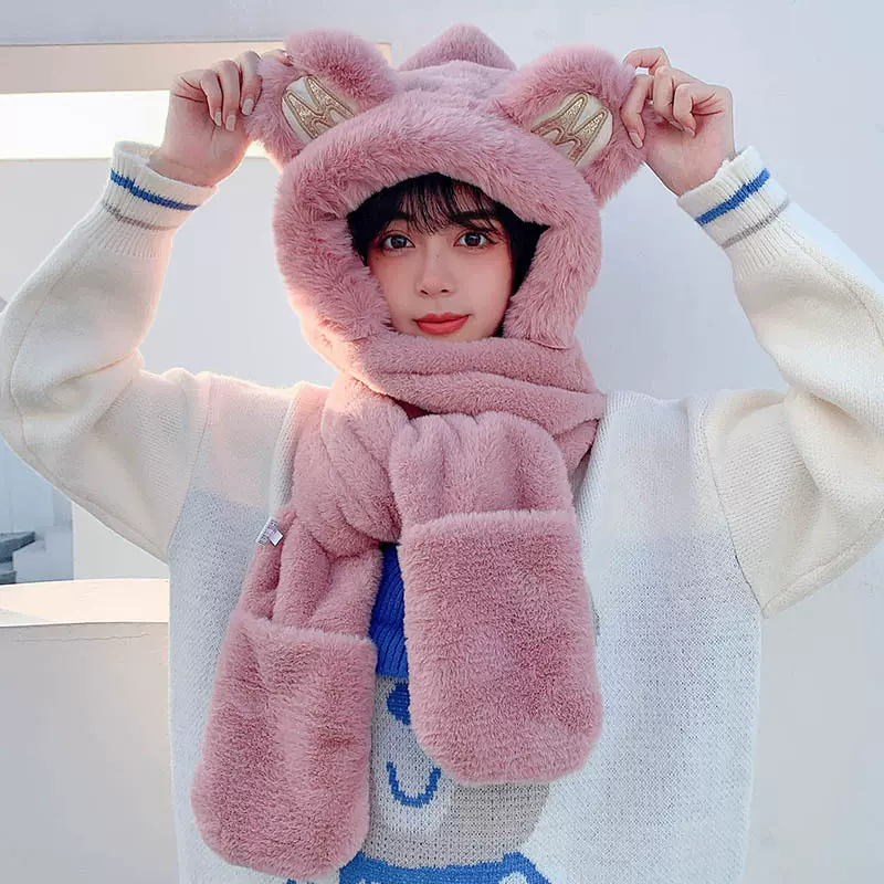 帽子围巾一体女秋冬季百搭可爱冬季骑车保暖连帽毛绒三件套