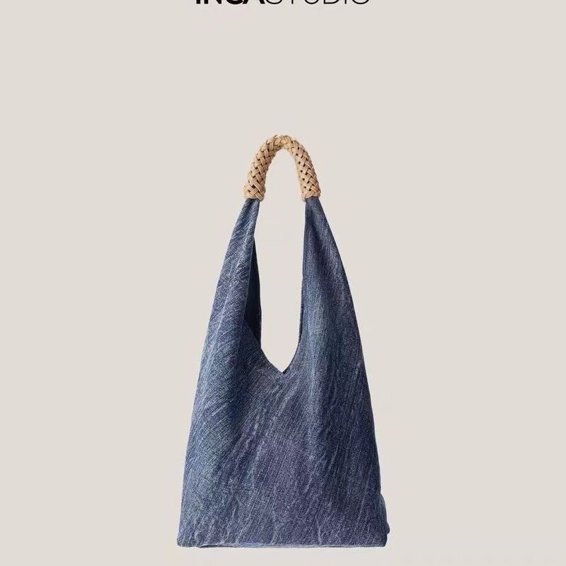Denim canvas bag women's shoulder tote bag crescent moon bag niche design texture ins Korean style 2023 New