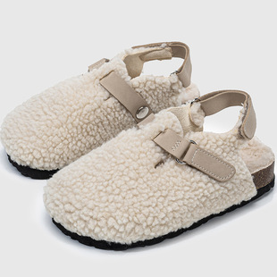 Cross-border Explosions Girls fleece-lined Birkenth Shoes Autumn and Winter Lamb Wool Half-drag Outer Wear Non-slip Children's Cotton Shoes Woolen Shoes