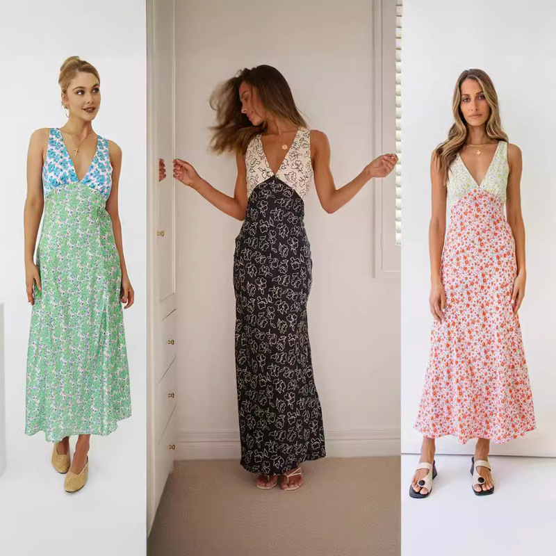 Foreign Trade Cross-Border Amazon European and American New Products Export Contrasting Print Deep V Women's Backless Lace-Up Splicing Dress Long Skirt