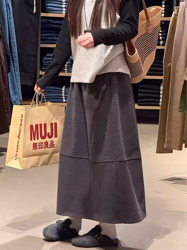 Women's Autumn/Winter New Arrival High-Waist Slimming Korean Style A-Line Puff Umbrella Skirt Deep Gray Thick Medium-Length Skirt