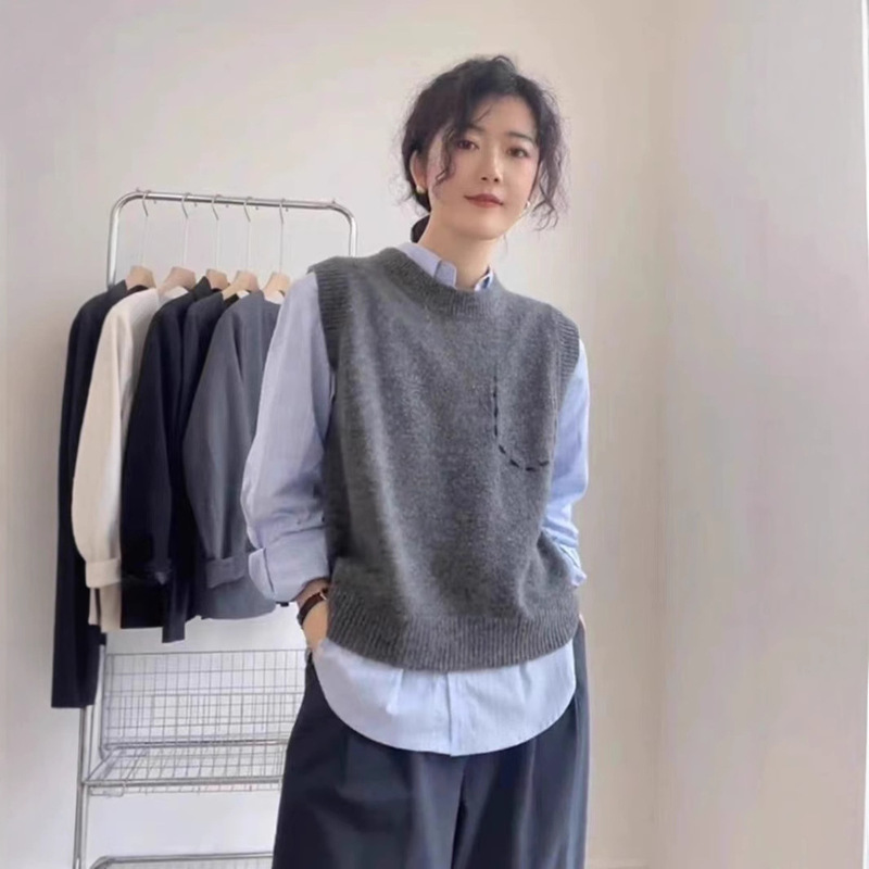 100 Pure Wool Vest Women's Elegant All-match Crewneck Cashmere Waistcoat Stacked Artifact Knitted Sleeveless Sweater Vest