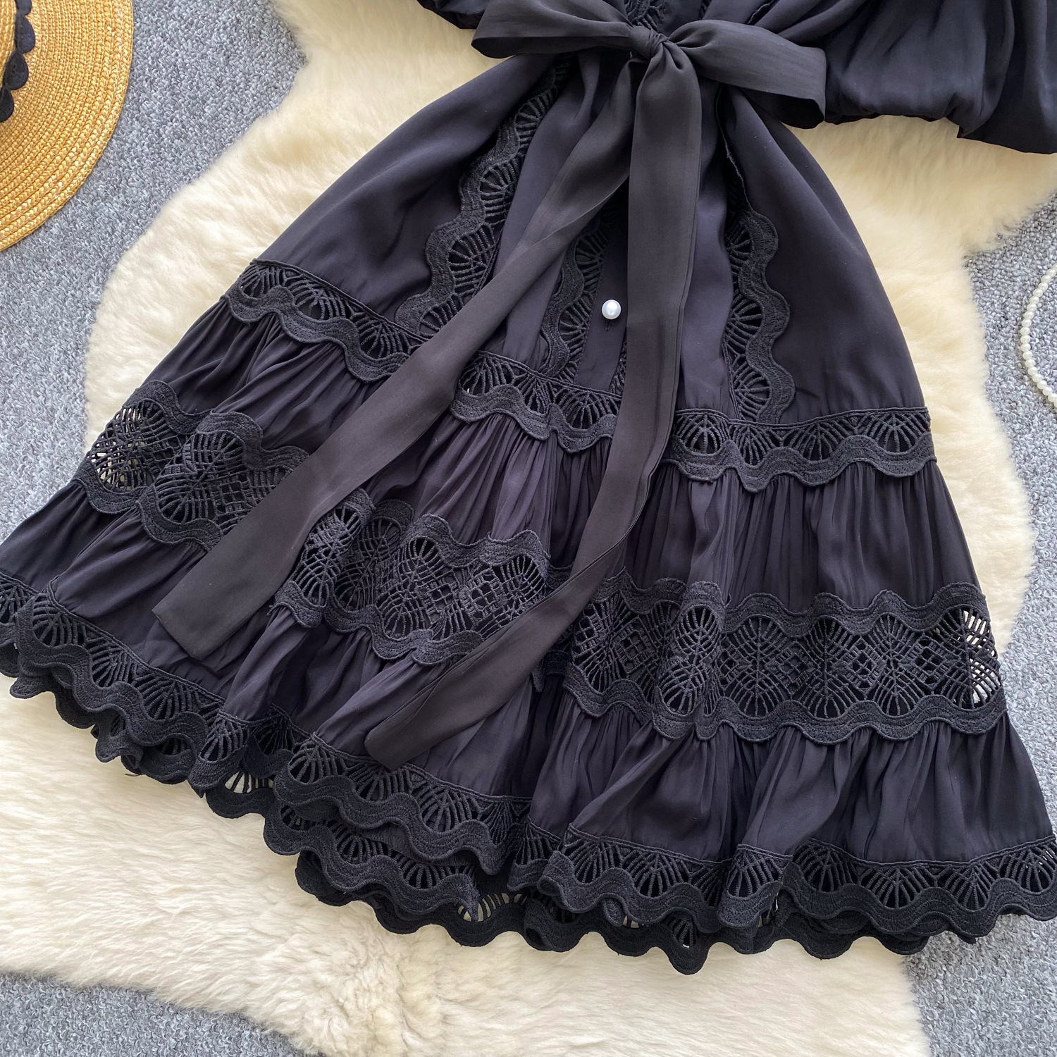 Women's Clothing Retro Palace Fashionable Lace Splicing Tie Waist Dress Lantern Sleeve Slim Temperament A Line Skirt_ecoleips.com