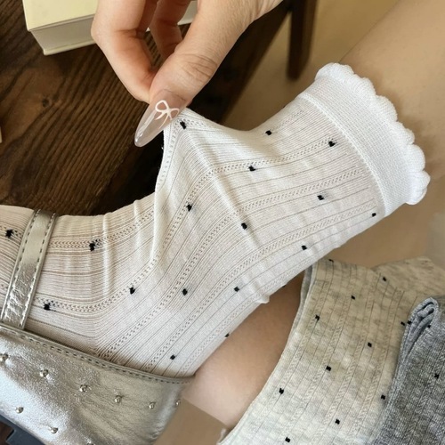 Ribbed polka dot ankle socks for girls, summer thin mesh ballet style Japanese style slimming pure cotton white stack socks