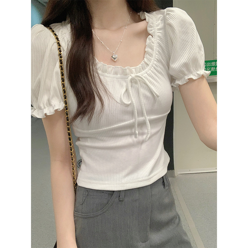 Summer solid color design short T-shirt with bow
