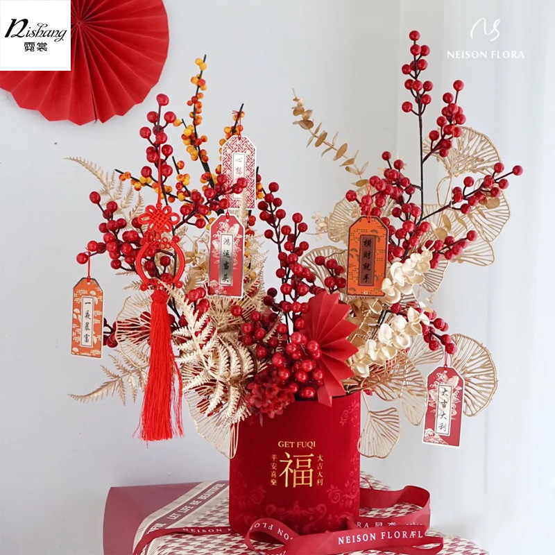 新年绒布福桶抱抱桶年宵花银柳冬青插花桶礼盒花艺圆形花盒中国风