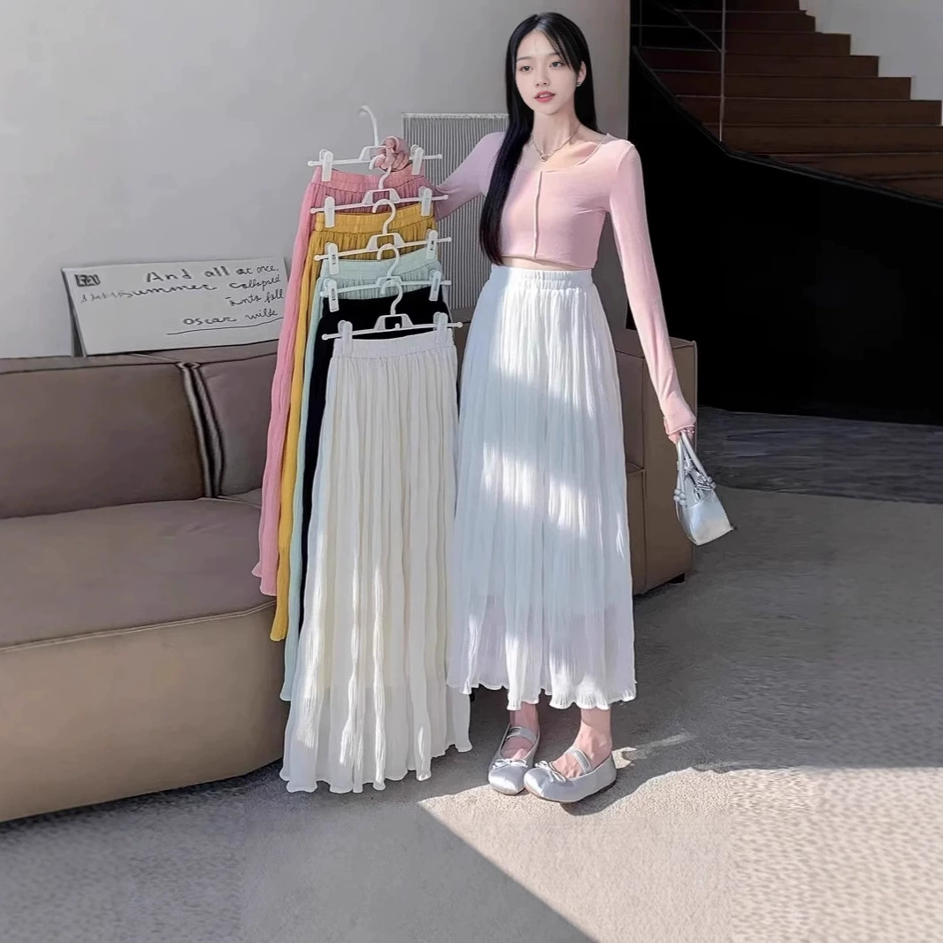 Элегантная плиссированная юбка-зонтик средней длины для женщин, весна-лето 2025, новая корейская модная марлевая юбка средней длины с высокой талией, закрывающая бедра, большая распашная юбка