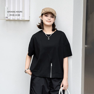 240345夏季新款短袖T恤潮纯色拼接时尚拉链宽松大版个性百搭上衣