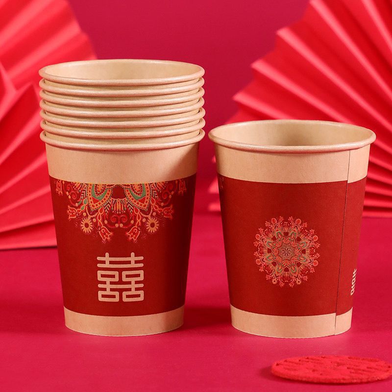 Tazas de boda desechables tazas de boda tazas de papel rojas de espesamiento tazas de agua caseras de boda artículos de boda cabello recto