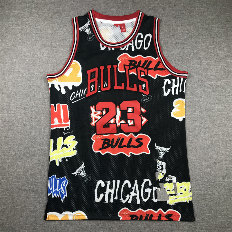 Chicago Bulls No.23 Graffiti Embroidered American Retro Mesh Jersey Jordan Basketball Dress Black Trend