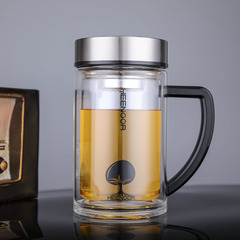 希諾雙層玻璃杯帶把手大容量過濾泡茶杯辦公男士商務透明家用水杯