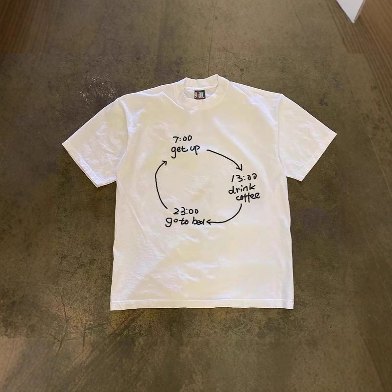 250g Heavy Cotton! American Retro Abstract Style Timeline Printed Loose Short-Sleeved T-Shirt for Men and Women Couples